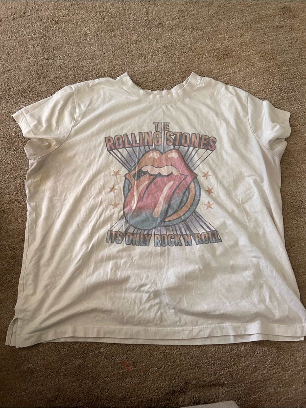 the Rolling Stones White Tee with Pink & Blue Tongue Graphic